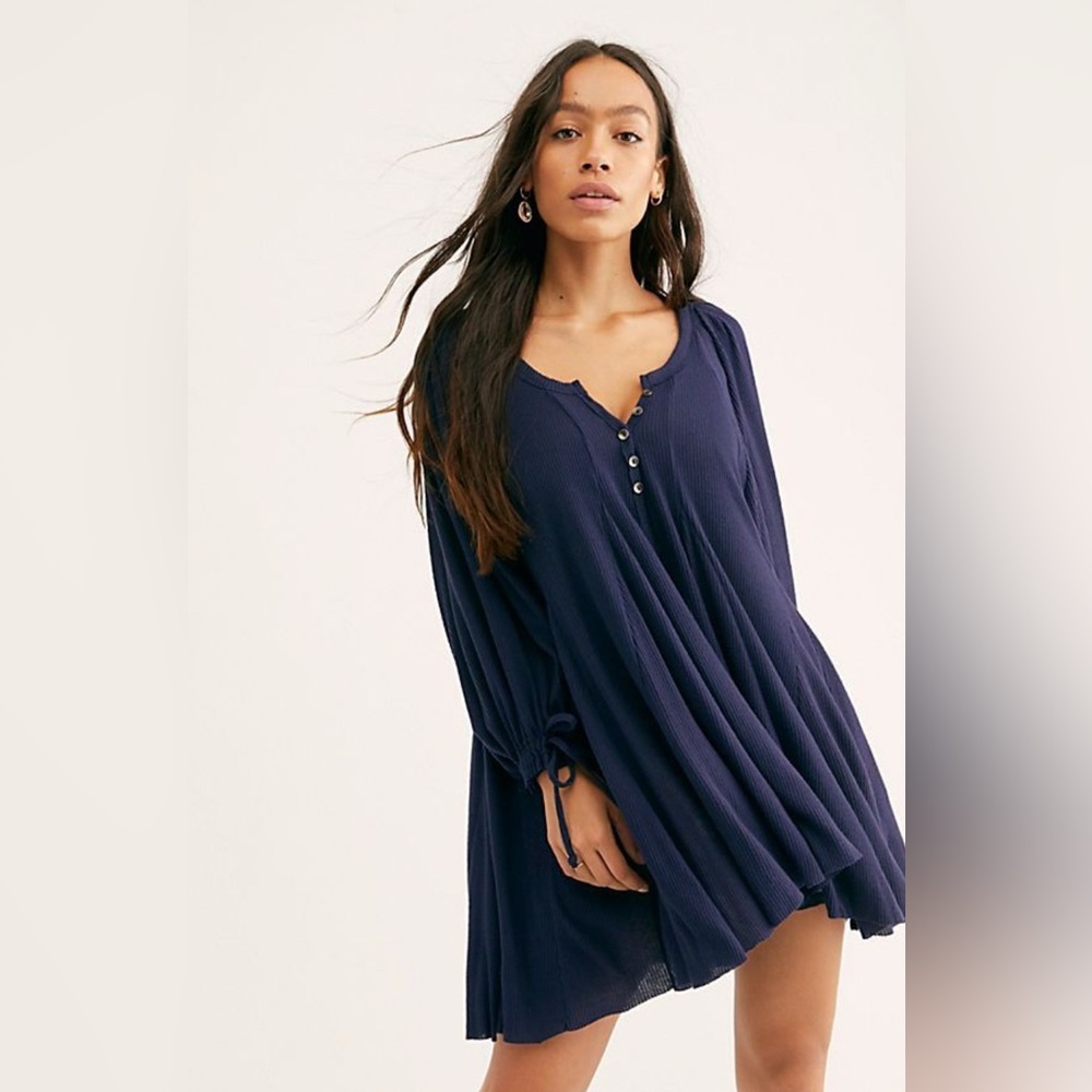 We The Free Tunic Women XS Navy Blue Henley Balloon Sleeve Ribbed High Low Top